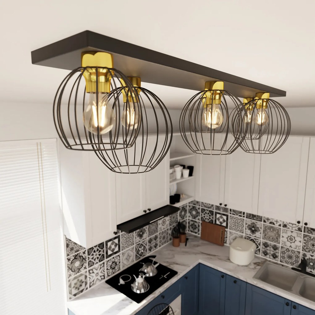 Plafoniera Minimal Industrial Geb 6 Luci Lineari Nera E Oro