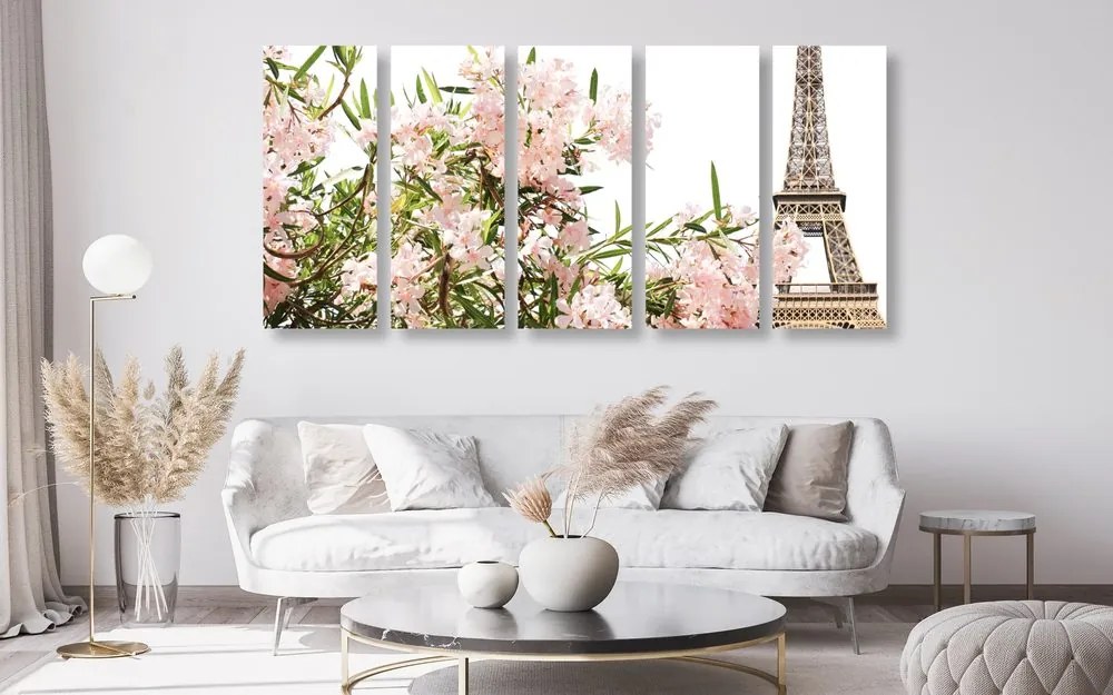 Quadri 5 pezzi – Torre Eiffel e fiori rosa