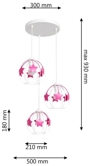 Lampadario a sospensione per bambini STARS 3xE27/15W/230V rosa/bianco