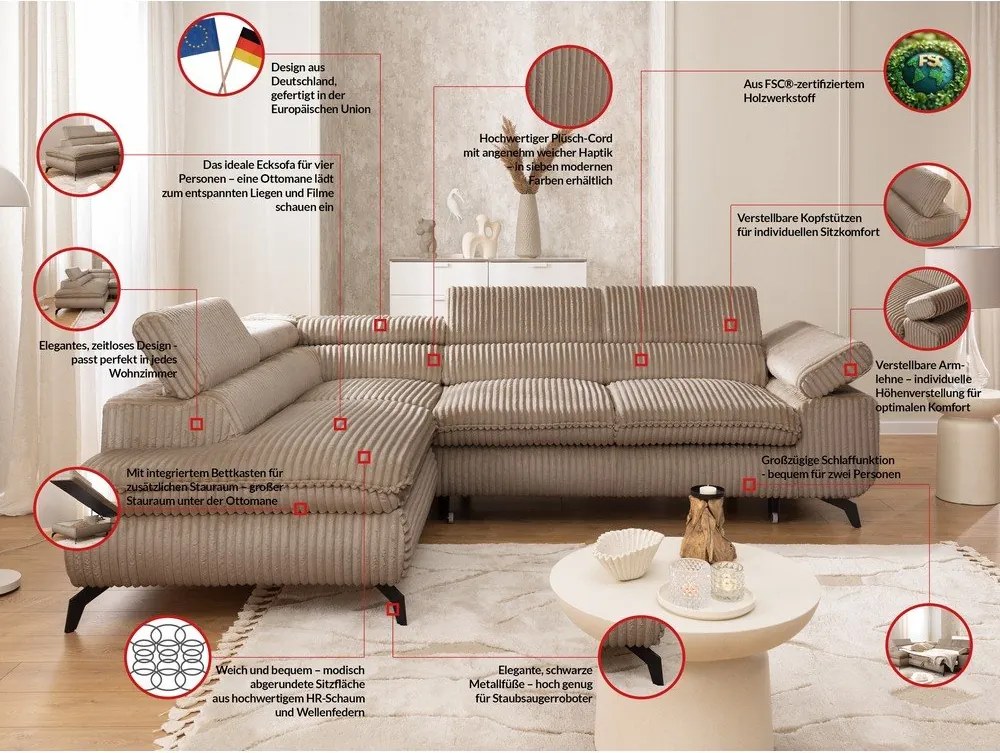 Divano angolare marrone (con penisola a sinistra/a L) con rivestimento in velluto a coste Marbeya – Ropez