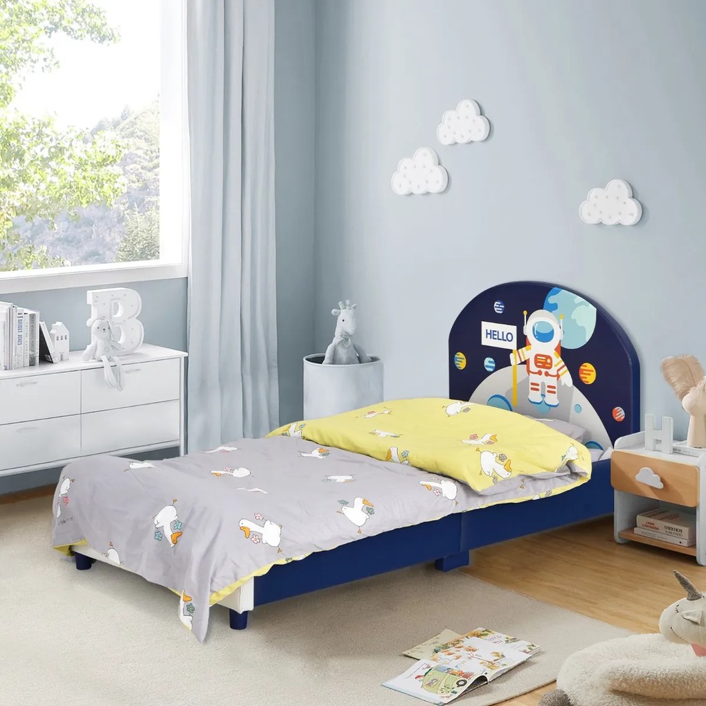 Costway Letto con testiera e pediera morbide per bambini da 2 a 6 anni, Letto singolo con piedini regolabili Blu