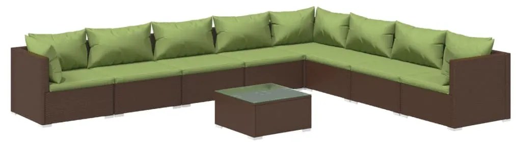 Set Divani da Giardino 9 pz con Cuscini in Polyrattan Marrone