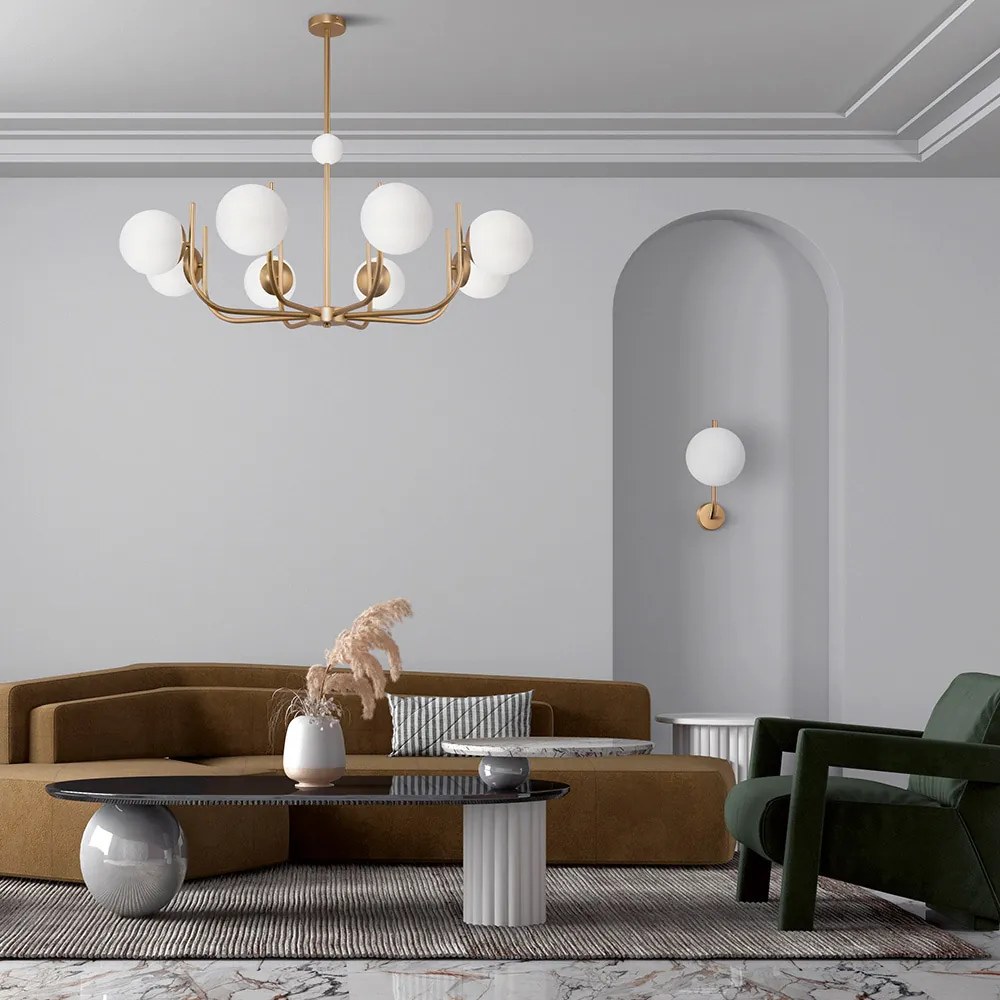 Lampadario Contemporaneo Rendez-Vous Metallo Ottone 8 Luci E Diffusori Bianchi