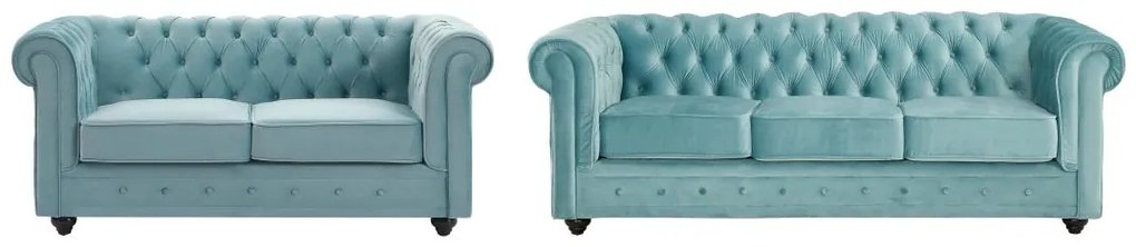 Divano 3 posti e 2 posti in Velluto Blu pastello - CHESTERFIELD