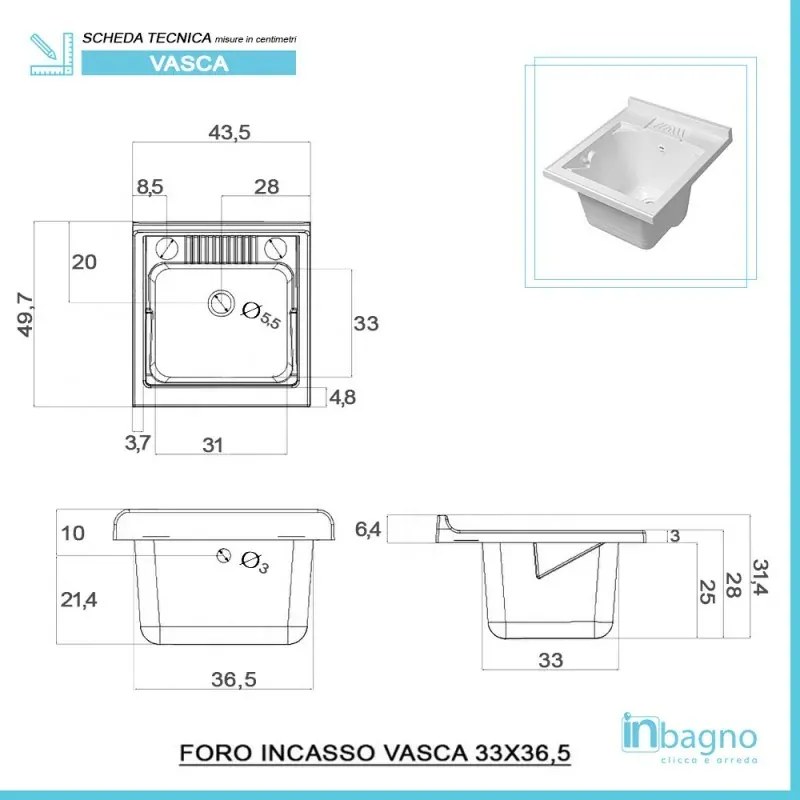 Mobile lavatoio 45x50 cm 1 anta bianco venato con vaschetta in resina
