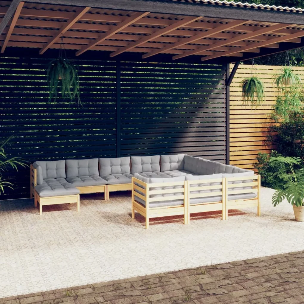 Set divani da giardino 11 pz con cuscini grigi massello di pino