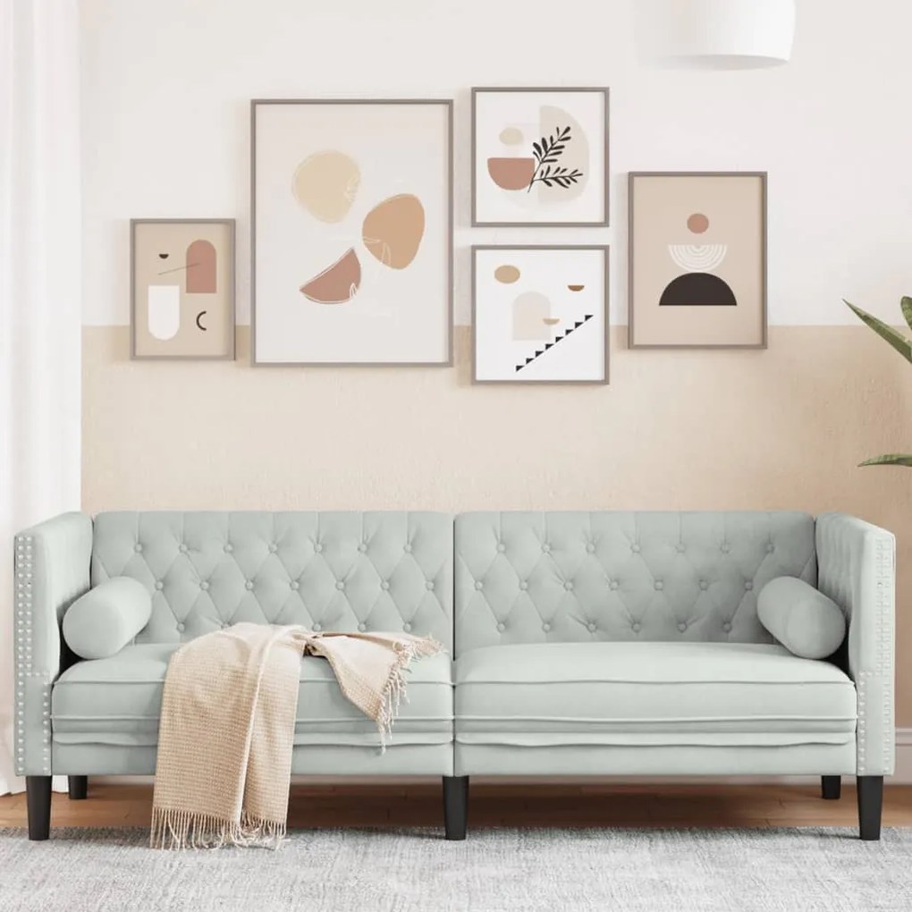 Divano Chesterfield Con Rinforzi 3 Posti Grigio Chiaro Velluto /