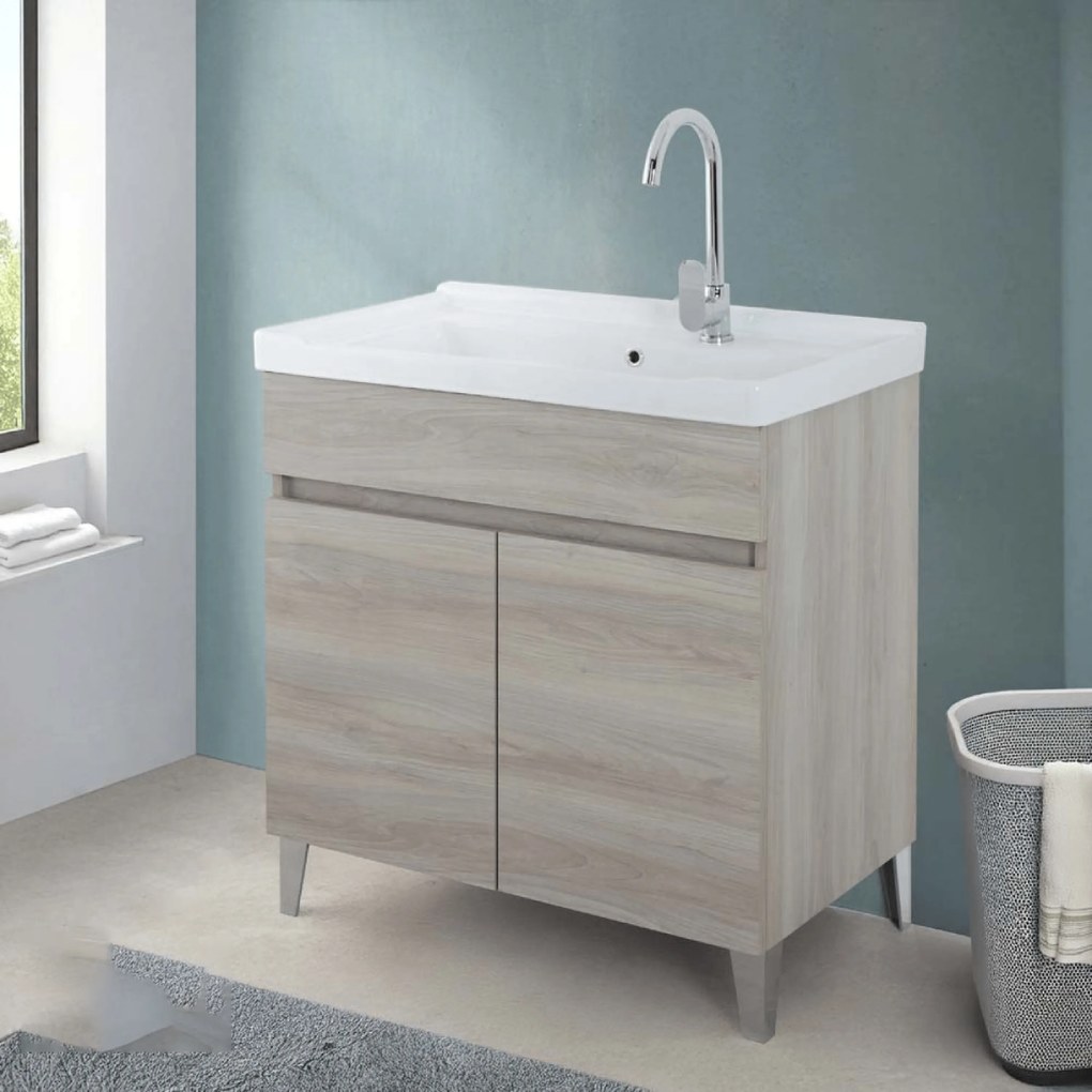 Lavatoio a Terra 80x46,8 Due Ante Con Vasca Feridras "Lavanderia" Rovere Grigio