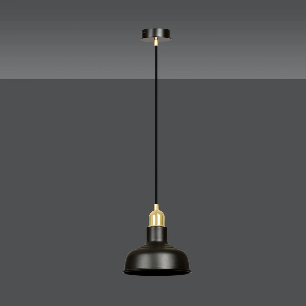 Sospensione Industrial 1 Luce Kubera In Acciaio Nero Con Elementi In Oro