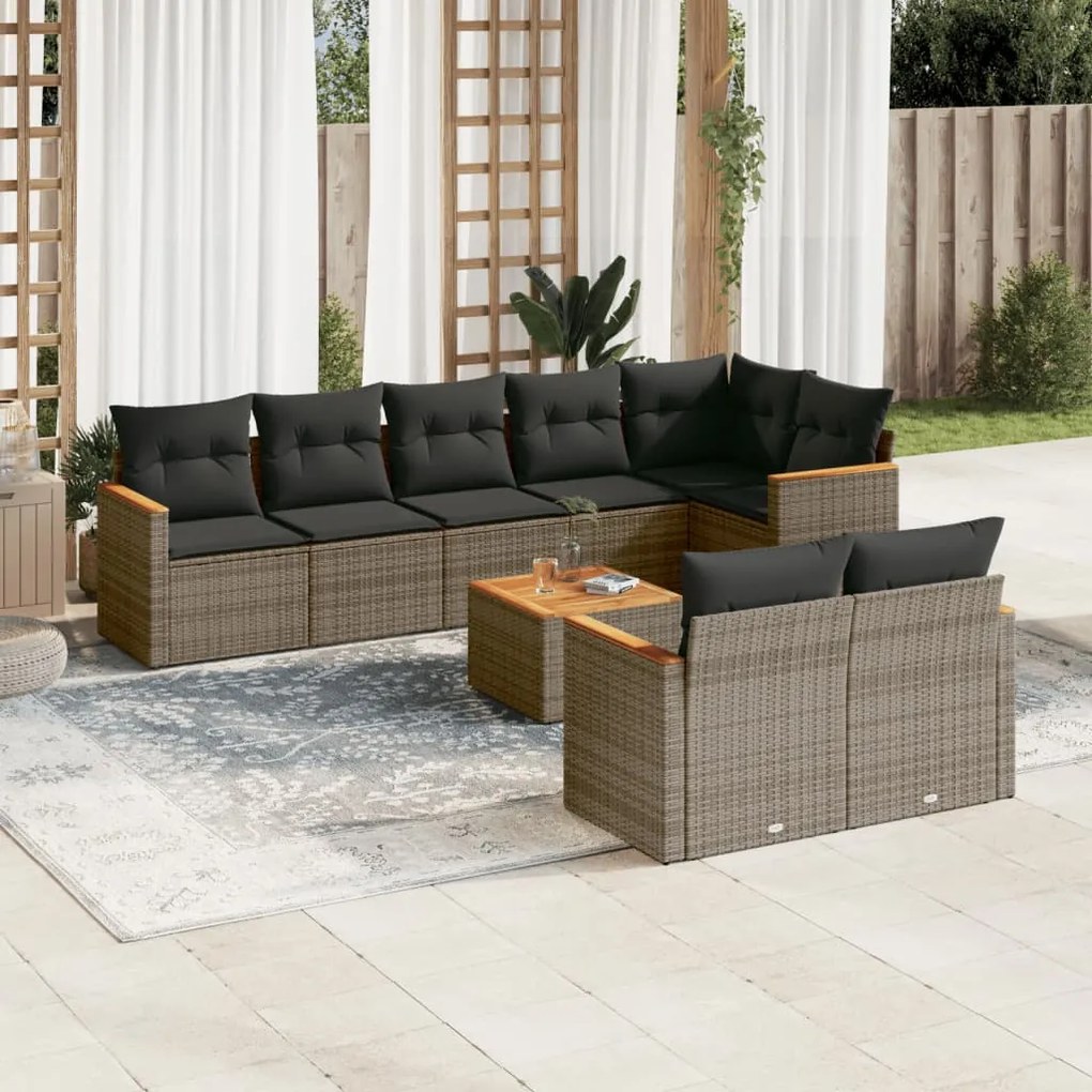 Set divano da giardino 9 pz con cuscini grigio in polyrattan