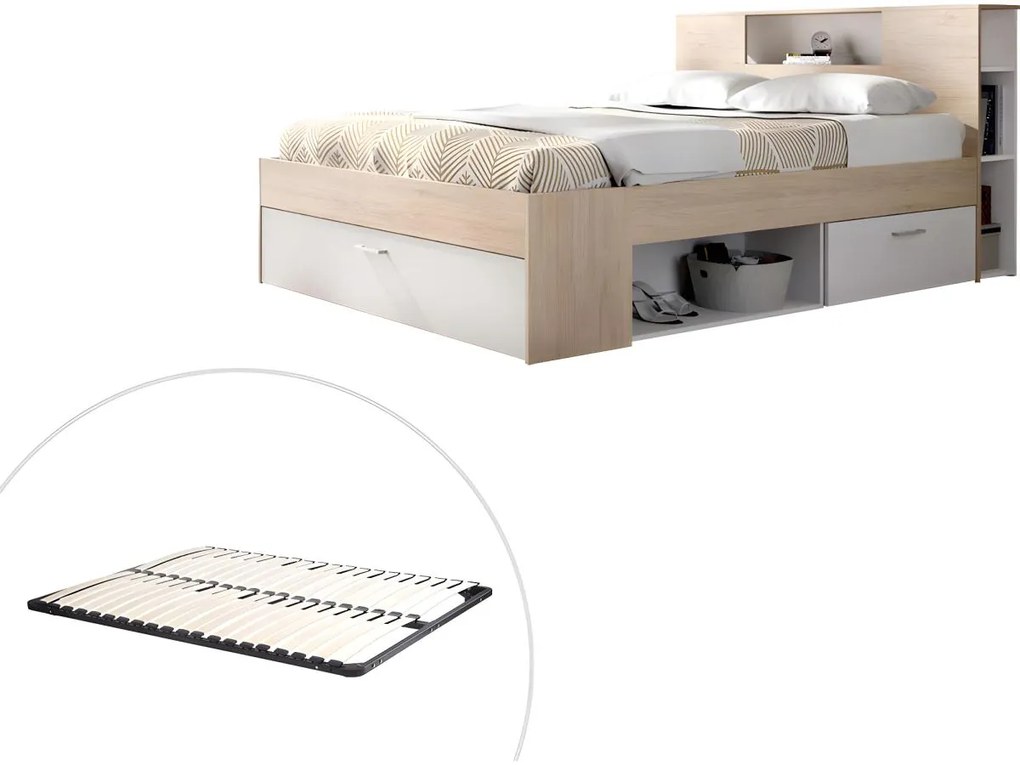 Letto con testata con vani portaoggetti e cassetti 140 x 190 cm: Naturale e Bianco + Rete LEANDRE