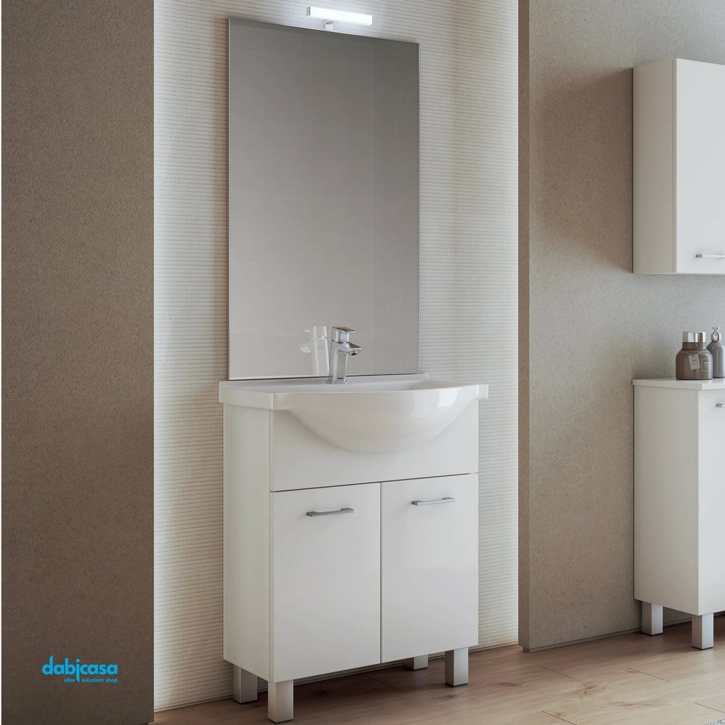 Mobile Bagno A Terra "Gaia 1" Da 65 Cm Composto Da Due Ante Lavabo E Specchio Con Lampada Led