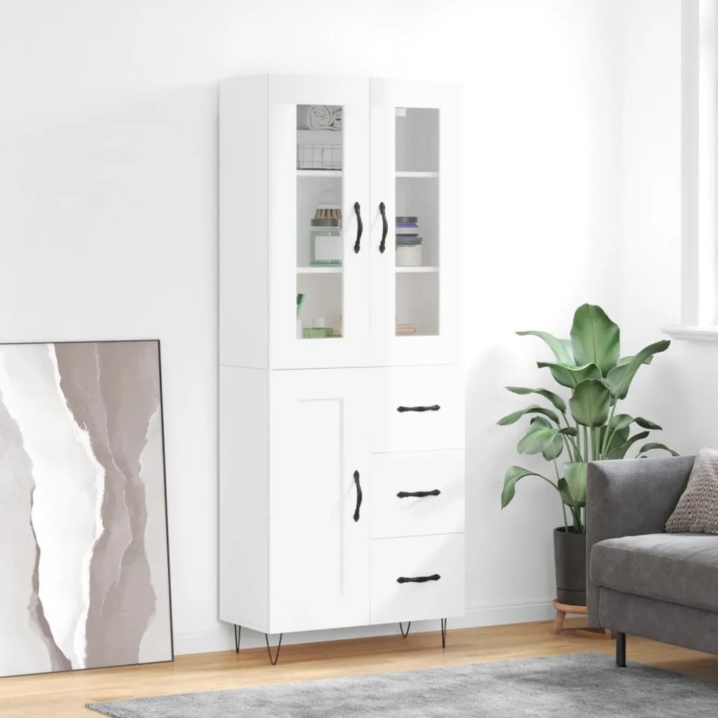 Credenza Bianco Lucido 69,5x34x180 Cm İn Legno Multistrato /