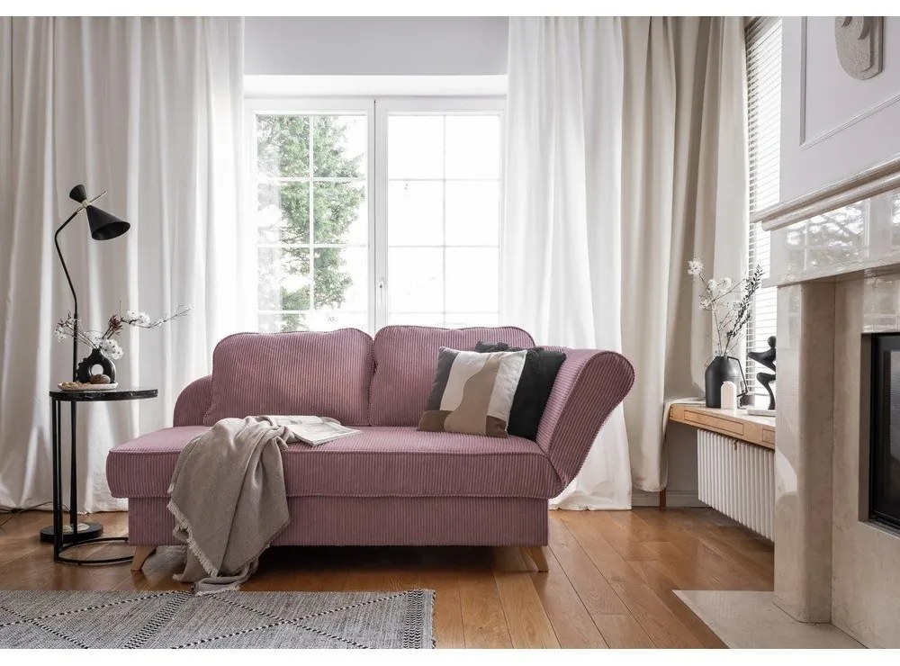 Chaise longue rosa polveroso (con penisola a destra) con rivestimento in velluto a coste Chic Charlotte – Miuform