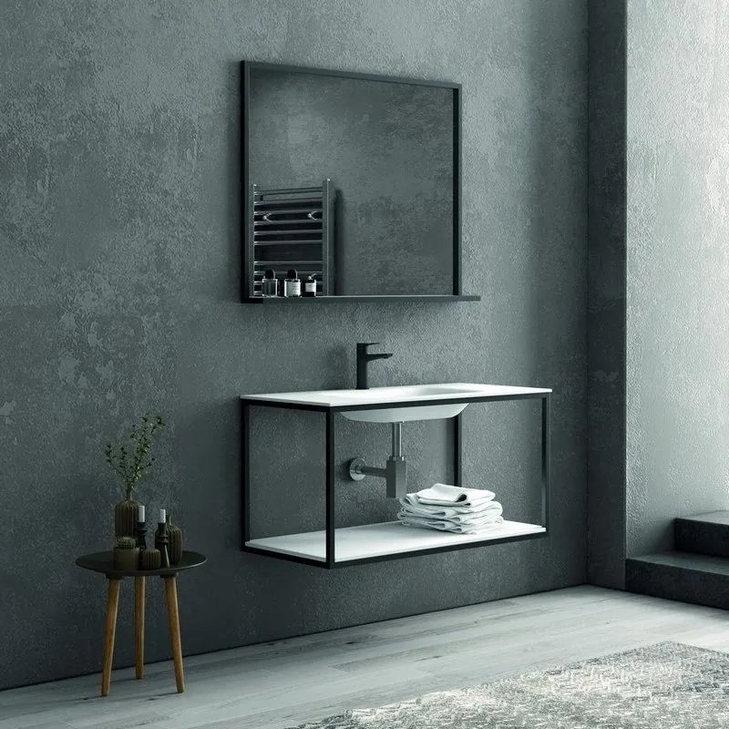 Kamalu - composizione bagno metallica nera 100cm con lavabo e ripiano solid surface, specchio nero nico-100n