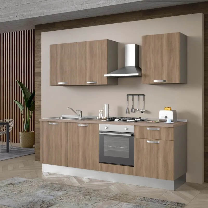 Cucina montata Dora rovere chiaro, lavello a sinistra, L 240 cm, completa di: cappa a camino, piano cottura a gas, forno,