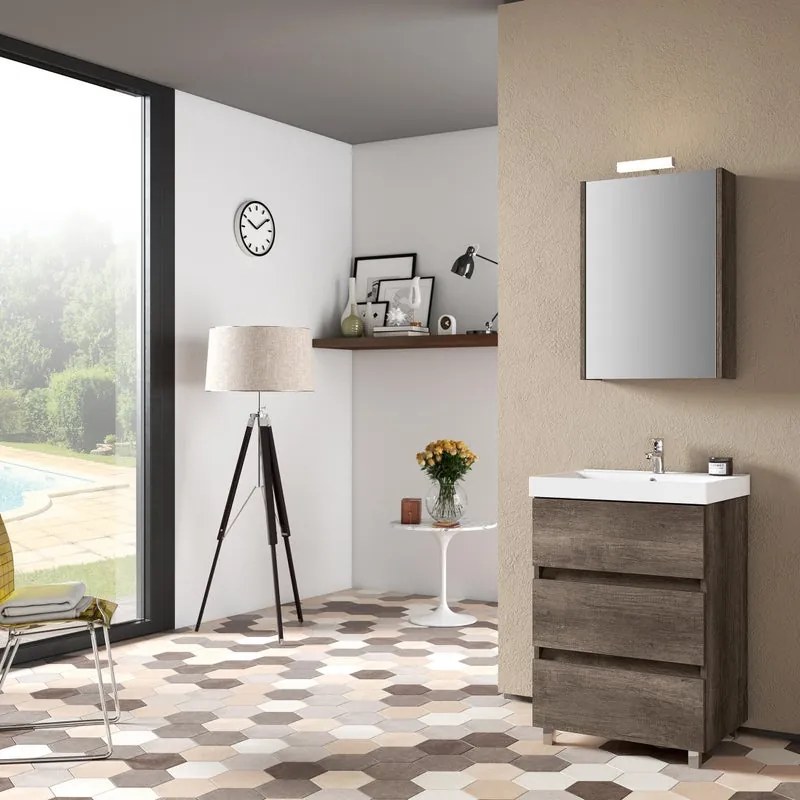Mobile bagno con lavabo L 60 x H 89.5 x P 46 cm rovere scuro 3 cassetti per vasca centrale Kora