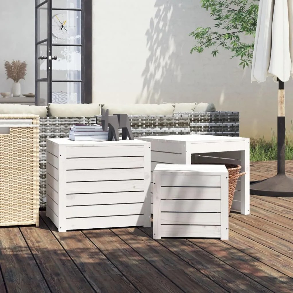 Set Cassette Da Giardino 3 Pz Bianco İn Legno Massello Di Pino /