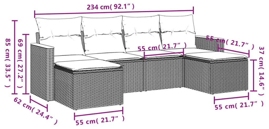 Set Divano da Giardino 6 pz con Cuscini Grigio in Polyrattan