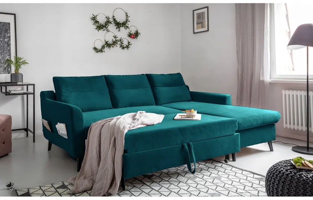 Divano letto angolare in velluto turchese, angolo destro Stylish Stan - Miuform