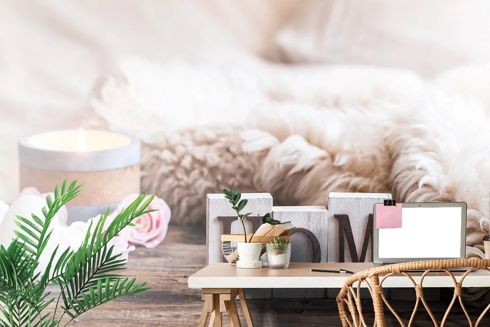 Carta da parati – Natura morta con scritta Home