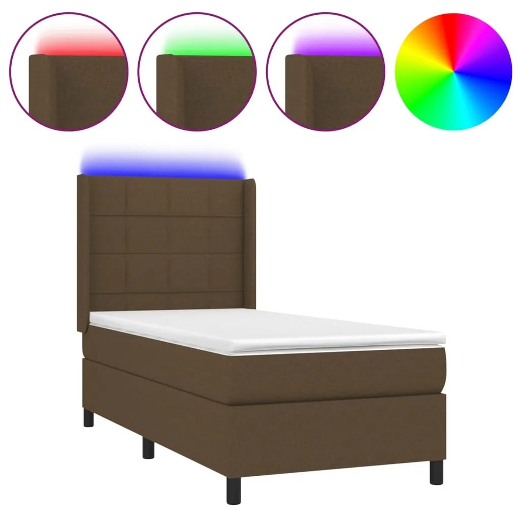 Letto a molle materasso e led marrone scuro 80x200cm in tessuto