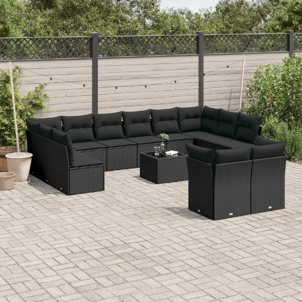 Set divani da giardino 13pz con cuscini nero in polyrattan
