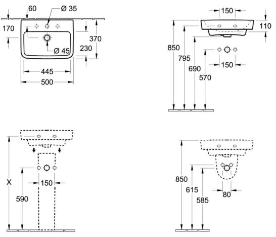 Villeroy & Boch 43445001 - Lavabo sospeso O.NOVO 50x37 cm ceramica/bianco