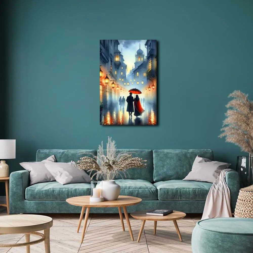 Quadro su tela – Innamorati sotto la pioggia tra edifici storici