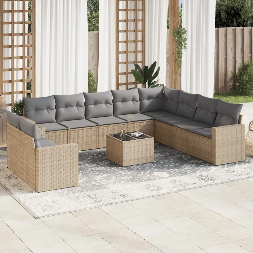 Set divani da giardino 11 pz con cuscini beige in polyrattan