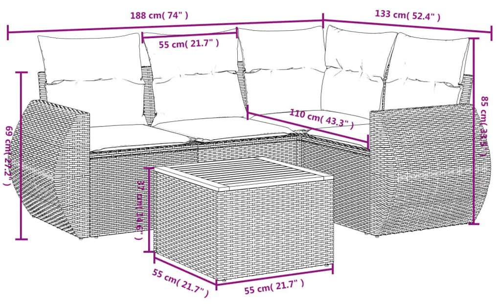 Set divano da giardino 5 pz con cuscini grigio in polyrattan