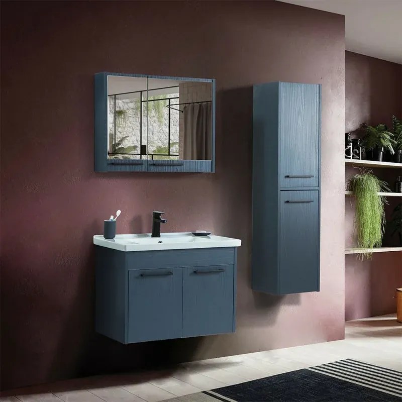 Mobile bagno sospeso 80 cm blu effetto legno con armadietto a specchio Sofia