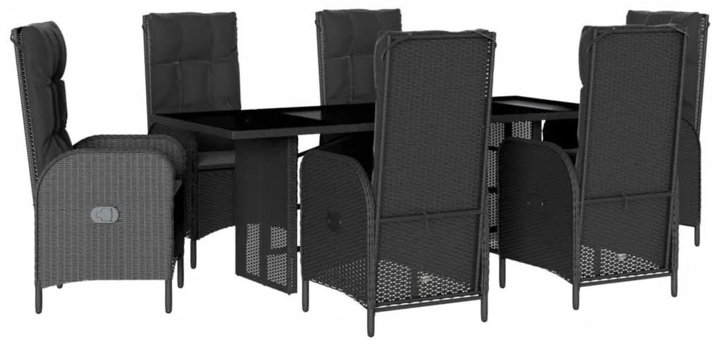 Set da pranzo da giardino 7 pz nero con cuscini in polyrattan