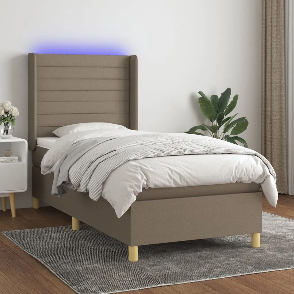 Letto a molle con materasso e led tortora 100x200cm in tessuto