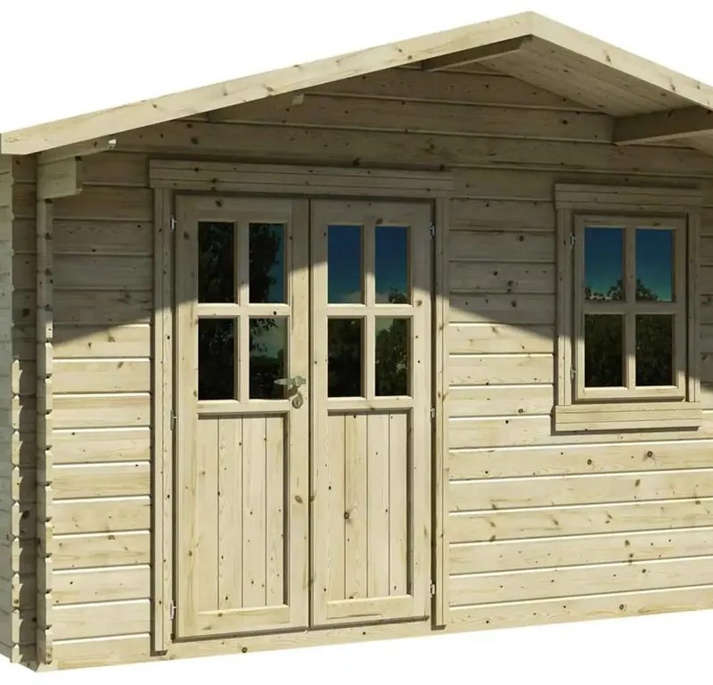 Casetta da giardino in legno Sesia naturale con porta doppio battente, superficie interna 14.44 m² e spessore parete 28 mm