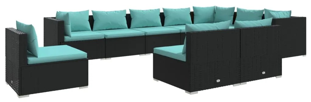 Set divani da giardino 10 pz con cuscini in polyrattan nero