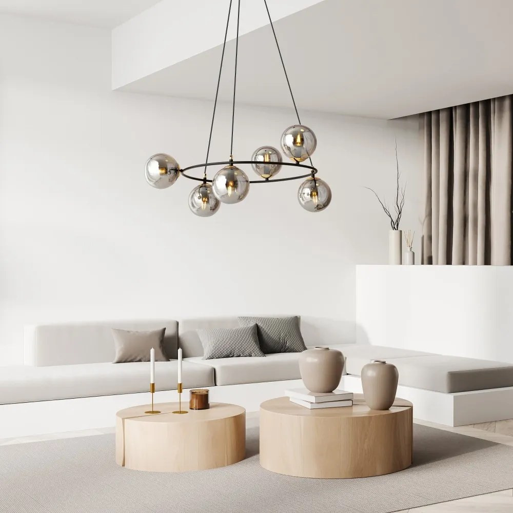 Lampadario a Sospensione AZURA 6 in Acciaio e Vetro 6xE14 Colore del corpo Nero e Grafite