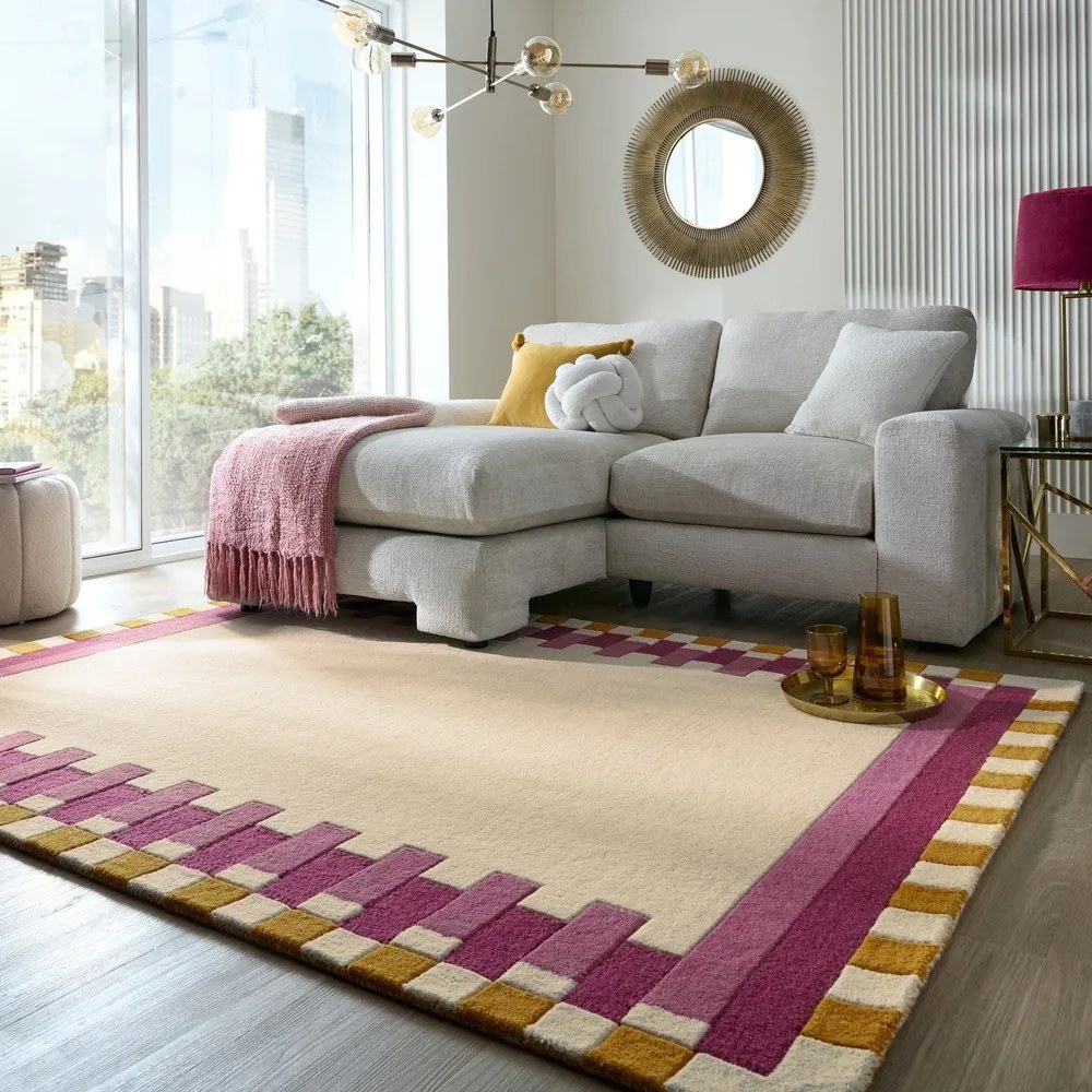 Tappeto in lana giallo e rosa tessuto a mano 200x290 cm Kai Wool Border - Flair Rugs