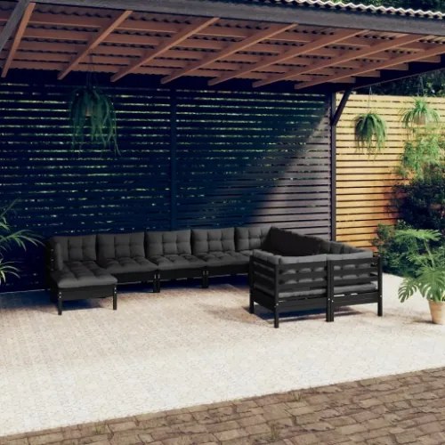 Set Divani da Giardino 10 pz con Cuscini in Legno di Pino Nero