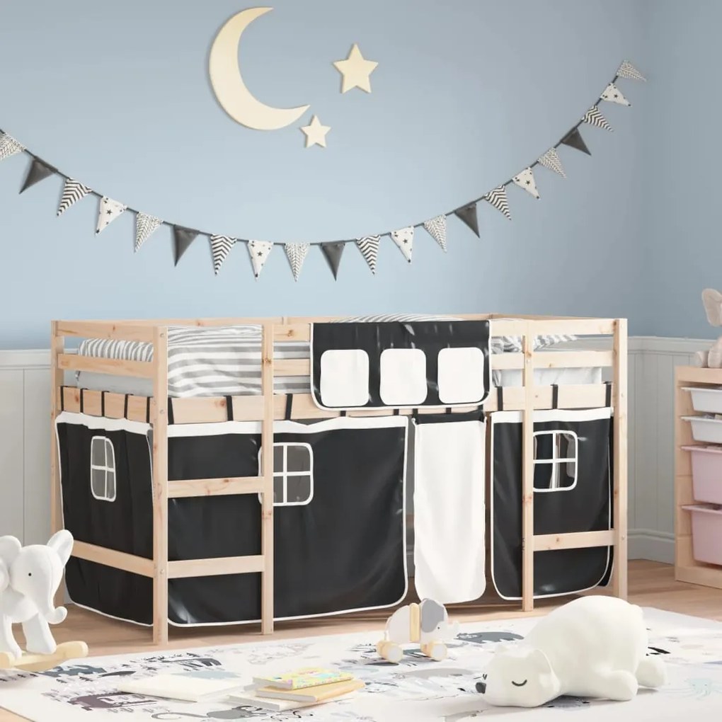 Letto A Soppalco Con Tende Bambini Bianco E Nero 90x200 Cm Pino /