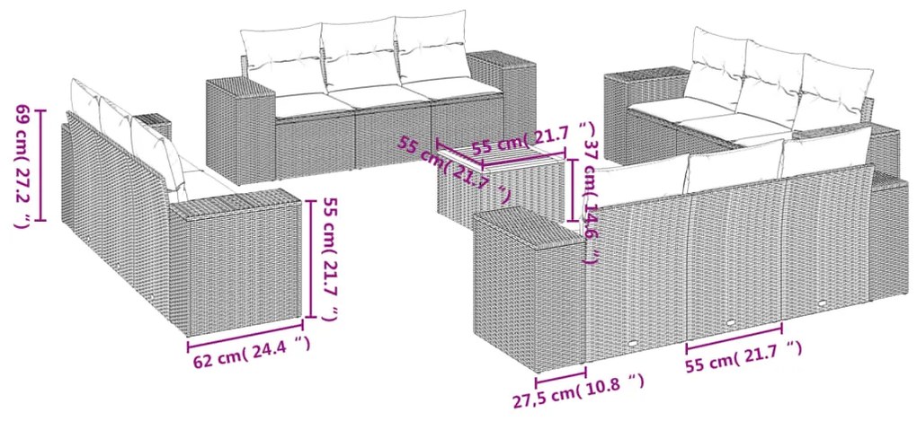 Set divani da giardino 13pz con cuscini nero in polyrattan