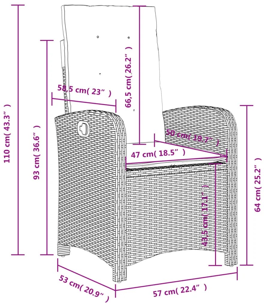 Set da Pranzo da Giardino 3 pz con Cuscini Nero in Polyrattan