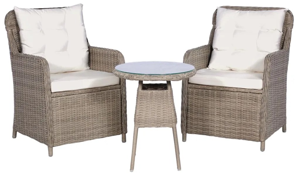 Set da bistro 3 pz con cuscini in polyrattan marrone