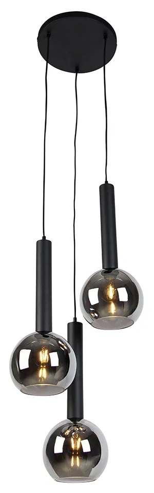 Lampada a sospensione moderna nera con vetro fumé 3 luci - Clayton