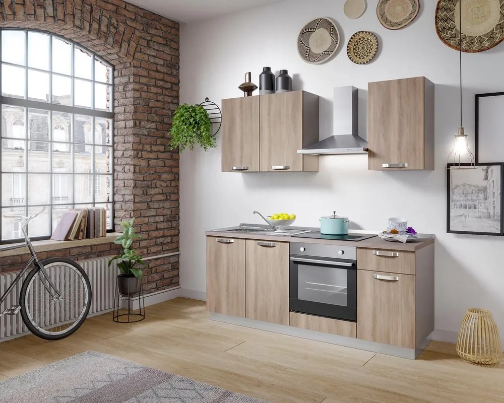 Cucina montata Dora rovere chiaro, lavello a sinistra, L 195 cm, completa di: cappa a camino, piano cottura a induzione, forno