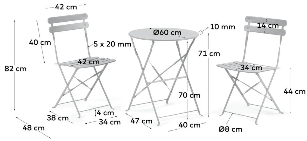 Kave Home - Set da esterno Beryl con tavolo e 2 sedie pieghevoli in metallo grigio chiaro