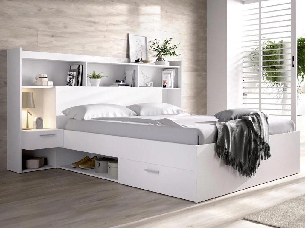 Letto con scomparti portaoggetti e comodini integrati 140 x 190 cm Bianco - KEVIN