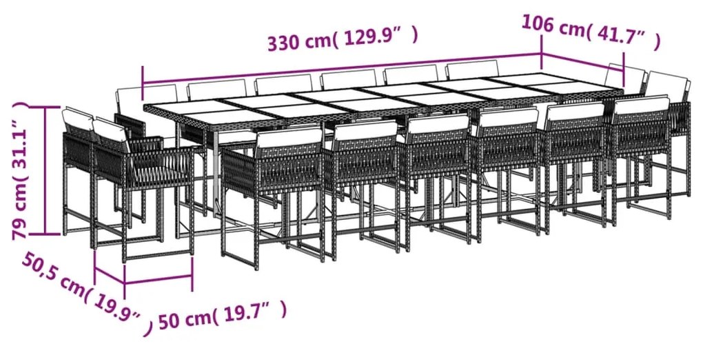 Set da pranzo da giardino 17pz con cuscini grigio in polyrattan