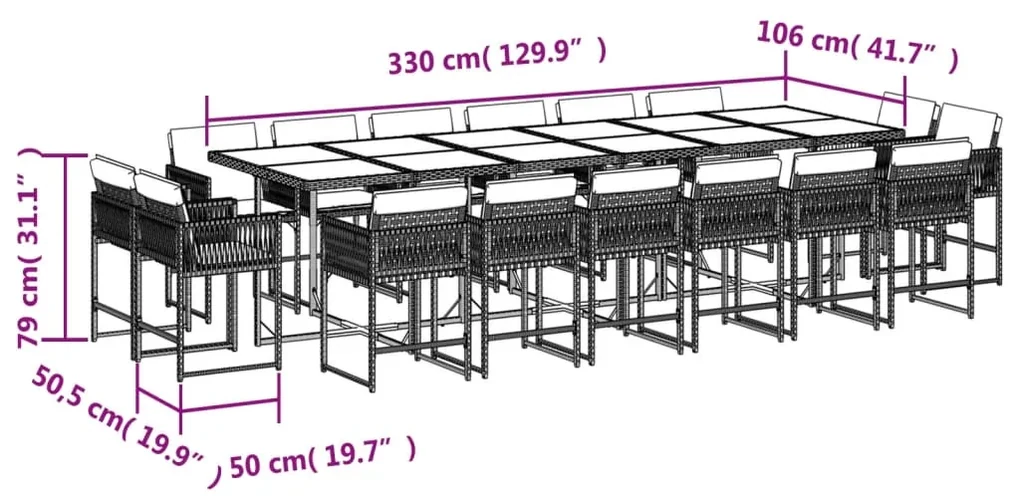 Set da pranzo da giardino 17pz con cuscini grigio in polyrattan