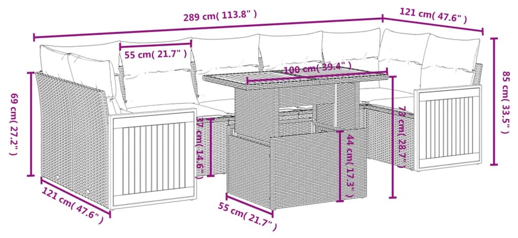 Set divani da giardino con cuscini 7pz nero polyrattan